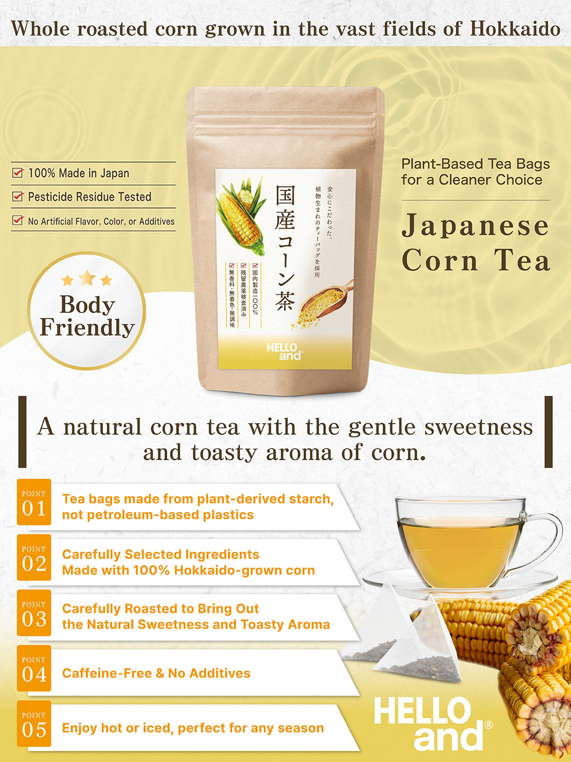 [HELLO and] Hokkaido Corn Tea: 100% Roasted Japanese Corn (Caffeine-Free, 30 Bags / 5g per bag)