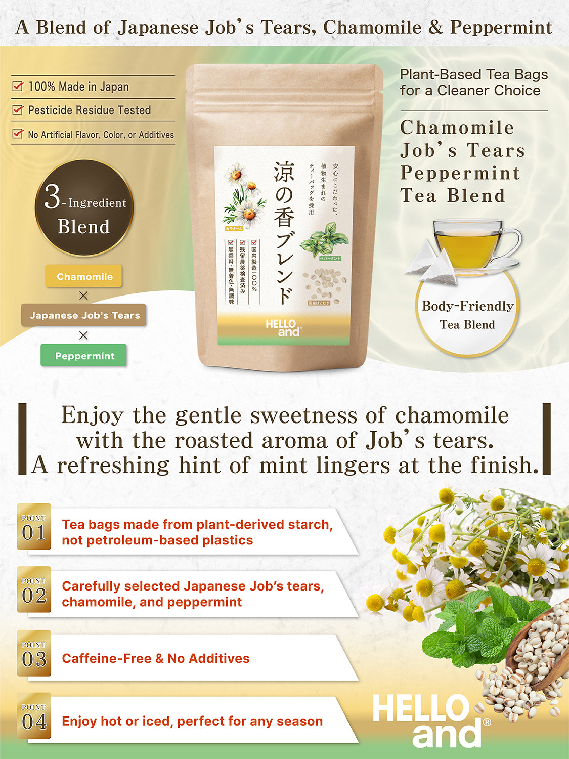 [HELLO and] Ryo-no-ka Blend: Egyptian Chamomile, Japanese Pearl Barley & Egyptian Peppermint (Caffeine-Free, 30 Bags)
