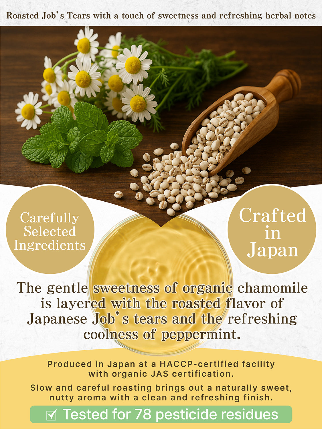 [HELLO and] Ryo-no-ka Blend: Egyptian Chamomile, Japanese Pearl Barley & Egyptian Peppermint (Caffeine-Free, 30 Bags)