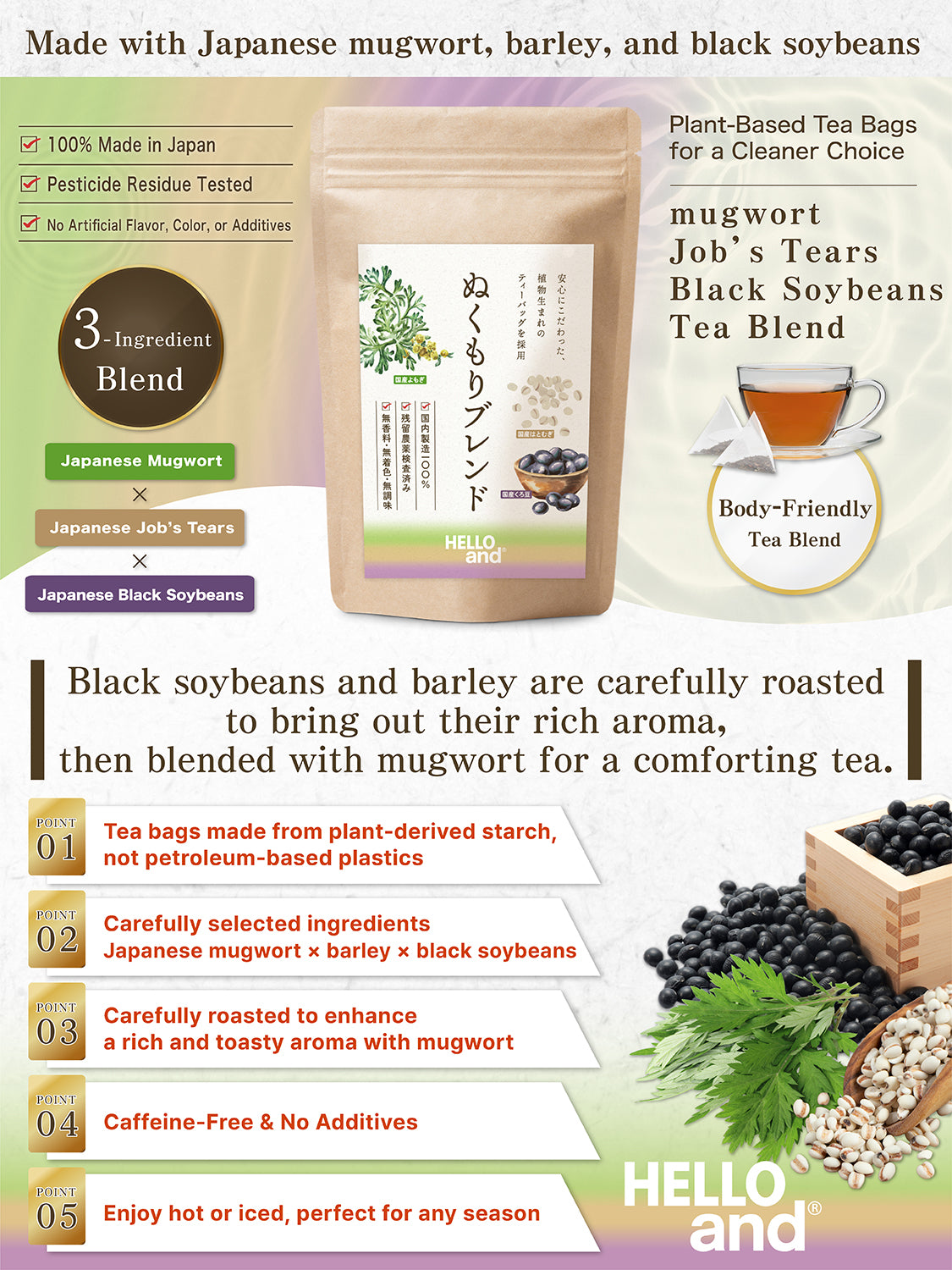 [HELLO and] Nukumori Blend: Japanese Black Soybean, Pearl Barley & Mugwort Tea (Caffeine-Free, 30 Bags)