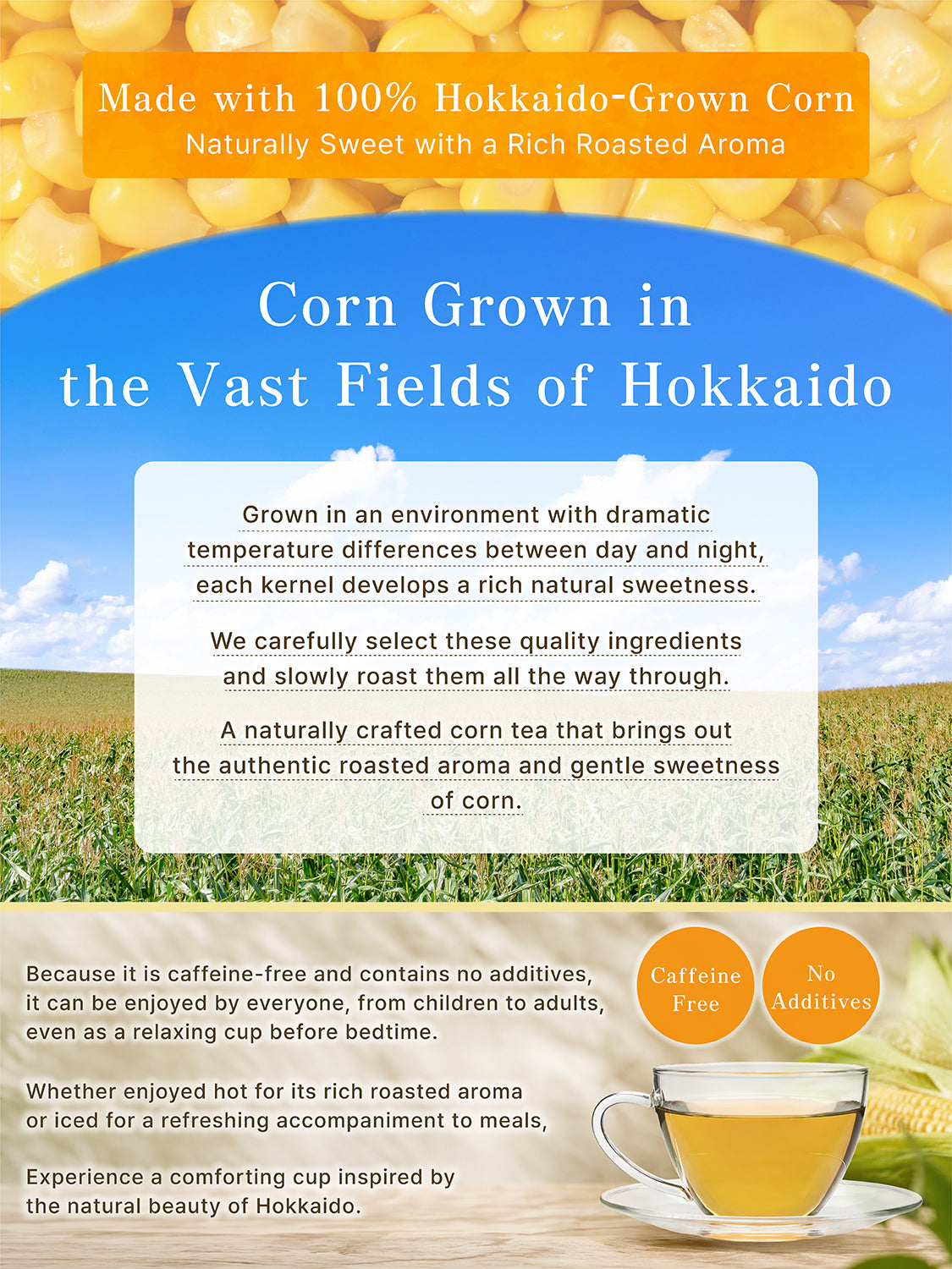 [HELLO and] Hokkaido Corn Tea: 100% Roasted Japanese Corn (Caffeine-Free, 30 Bags / 5g per bag)