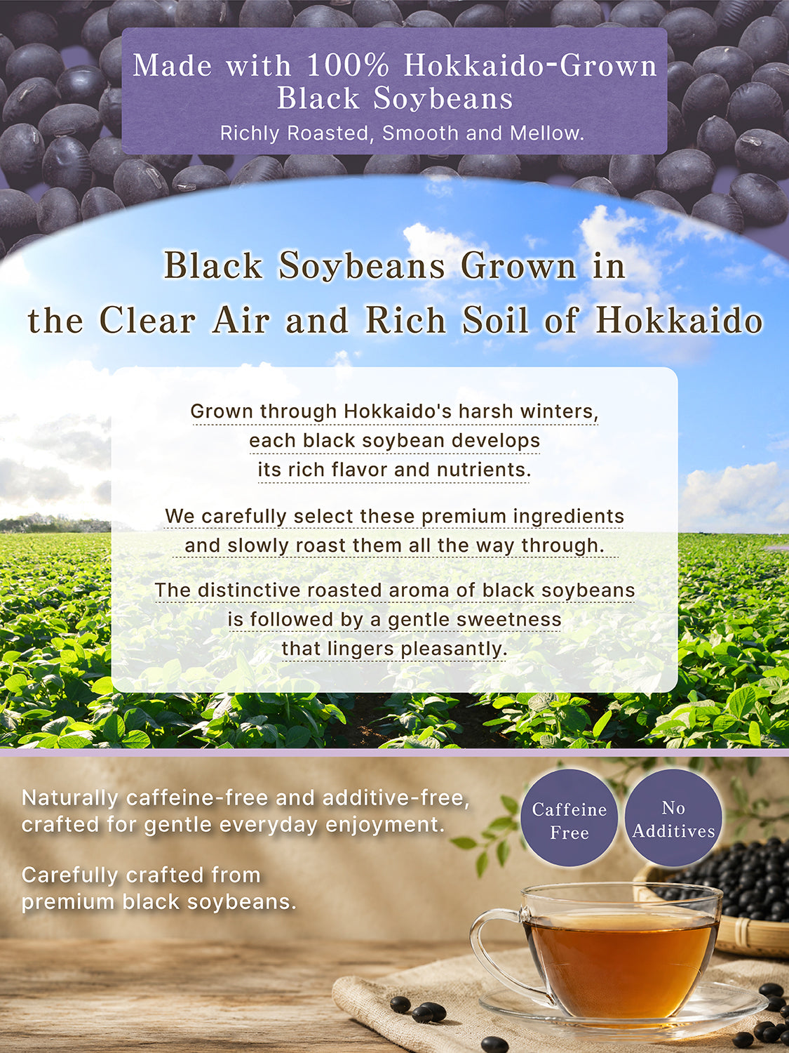 [HELLO and] Hokkaido Black Soybean Tea: 100% Roasted Kuromame (Caffeine-Free, 30 Bags / 5g per bag)