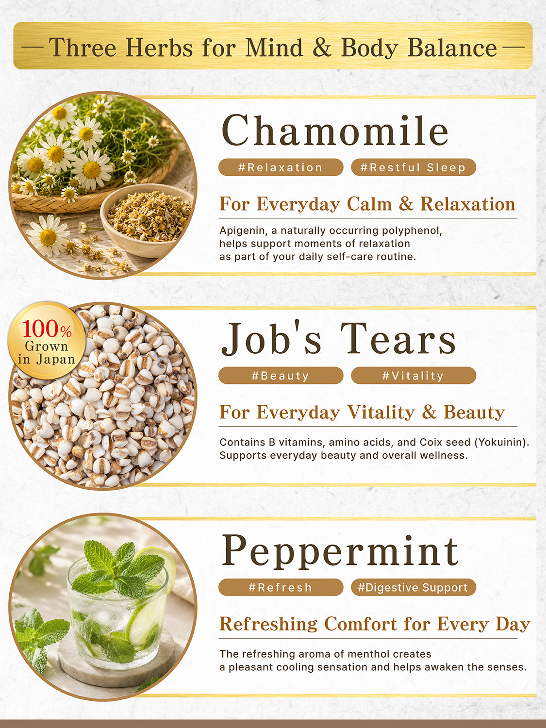 [HELLO and] Ryo-no-ka Blend: Egyptian Chamomile, Japanese Pearl Barley & Egyptian Peppermint (Caffeine-Free, 30 Bags)