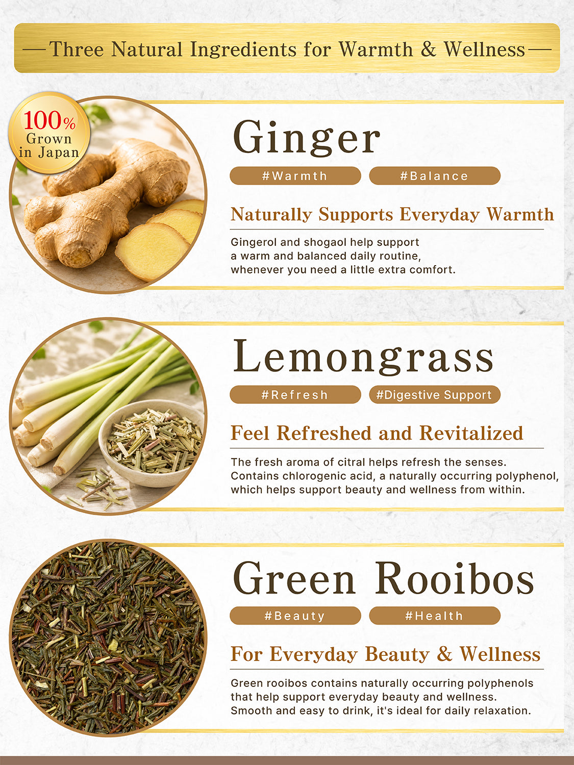 [HELLO and] Ginger Blend: Japanese Ginger, Lemongrass & Green Rooibos (Caffeine-Free, 30 Bags)
