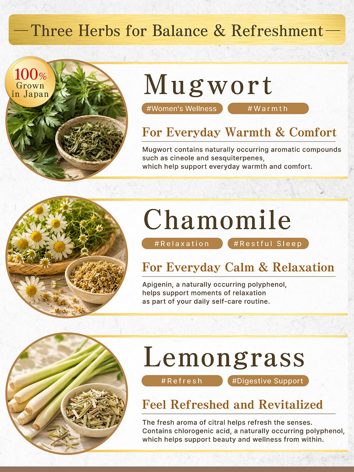 [HELLO and] Yasuragi Blend: Japanese Mugwort, Egyptian Chamomile & Egyptian Lemongrass (Caffeine-Free, 30 Bags)